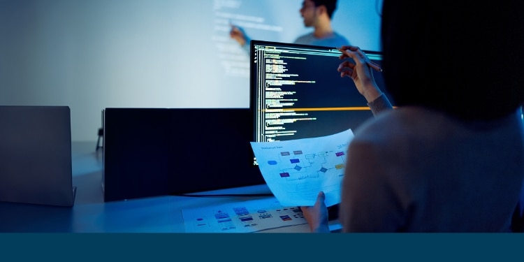 Person at a computer with decision model notation